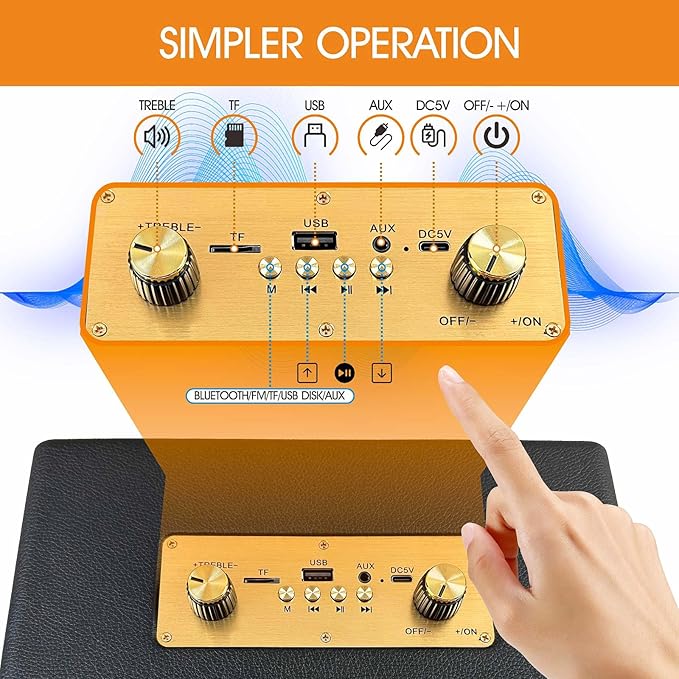 Portable Retro Bluetooth Speaker with FM Radio Treble/Bass Aux InputUSB PortMicro SD Card Slot- Wireless Loud Speakers Battery PoweredGifts for Home/Classroom/Party