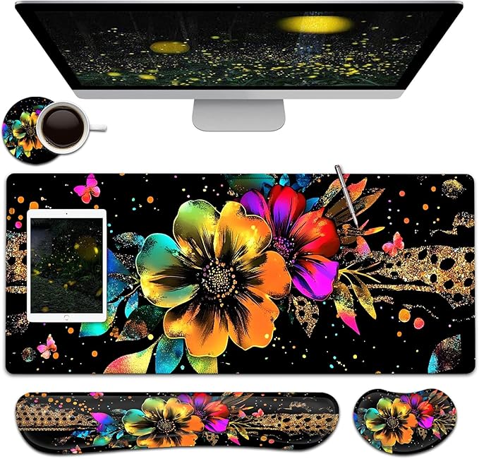 Large Mouse Pad + Keyboard Wrist Rest Set Extended Gaming Mousepad (31.5X11.8 inch) with Non-Slip Rubber Ergonomics Memory Foam Mouse Wrist Rest Support Glitter Flower Black XXL Desk Pad