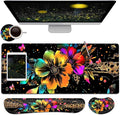 Large Mouse Pad + Keyboard Wrist Rest Set Extended Gaming Mousepad (31.5X11.8 inch) with Non-Slip Rubber Ergonomics Memory Foam Mouse Wrist Rest Support Glitter Flower Black XXL Desk Pad