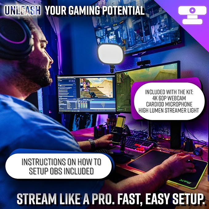 Live Video Streaming Kit (Deluxe)-for Video Call Gaming Podcast YouTube Content Creation- Includes 2k 60 FPS Webcam Professional Cardioid Microphone and LED Flat Light for Android/MAC/Windows