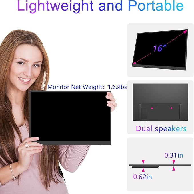 16” Portable Monitor 4K UHD 3840×2400 400 Nits 1500:1 Contrast Gaming DisplayIPS HDR External Second Screen4K Portable Monitor for Laptop/Mac/PC/PS5/Xbox with Speakers StandVESA Compatible