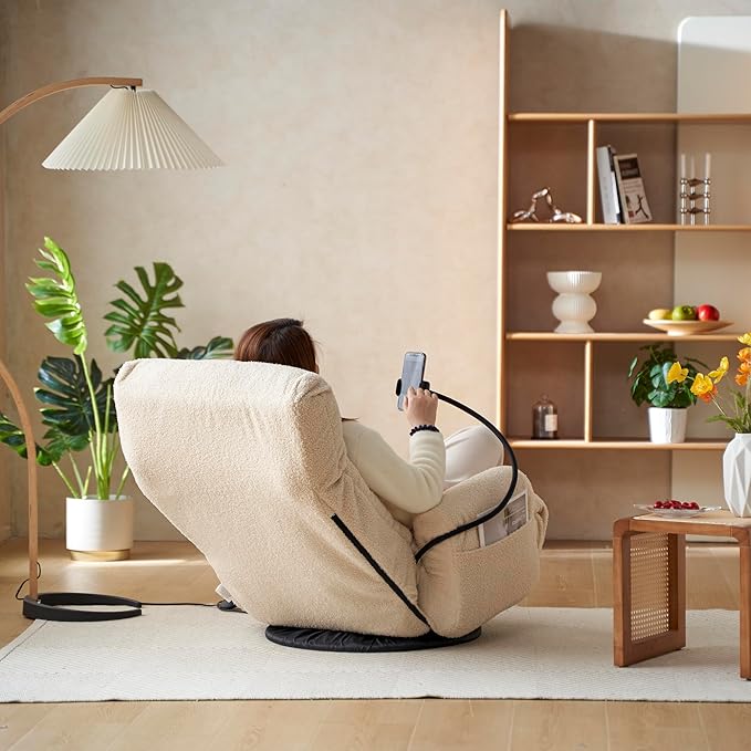 Gaming Chair Floor Sofa 360° Swivel Gaming Lounge Chair with Adjustable Backrest &amp Armrests Game Chair w/Phone Holder &amp Side Pocket Teddy Fluffy Recliner for Bedroom Living Room Dorm (Beige
