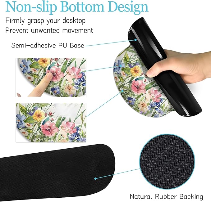 Flower Mouse Pad Set Large Desk Matt for Desktop Ergonomic Mouse Pad with Wrist Rest Gaming Wrist Support Keyboard Mat Cup Coaster Set Cute Office Desk Decor Accessories