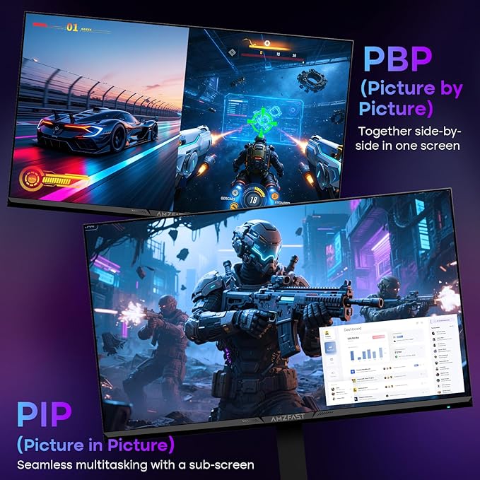 Amzfast 27’‘ 4K Gaming Monitor HDR 400 UHD 160Hz 144Hz | FHD 320Hz 300Hz Dual Mode PC Monitor Built-in Speakers 1ms Fast IPS 126% sRGB PIP/PBP HDMI 2.1 x 2 &amp DP 1.4 x 2 Height Adjustment VES
