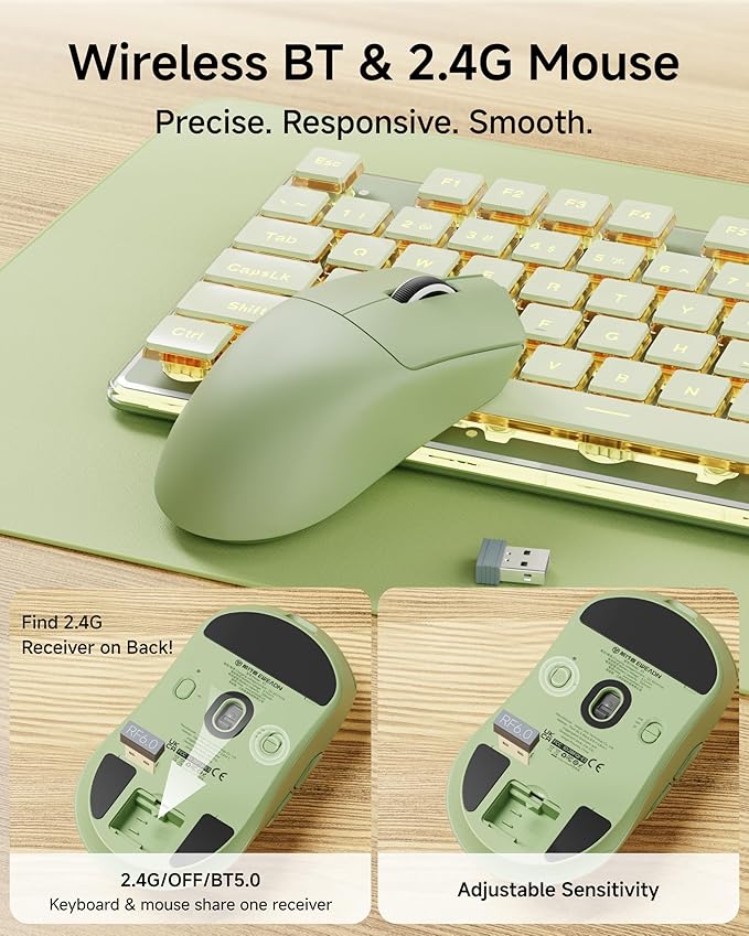 V3 Wireless Keyboard and Mouse Combo Bluetooth/2.4G Rechargeable Light up Quiet Computer Keyboard and Mouse with White Backlit Metal Panel Cute Keyboards-Green