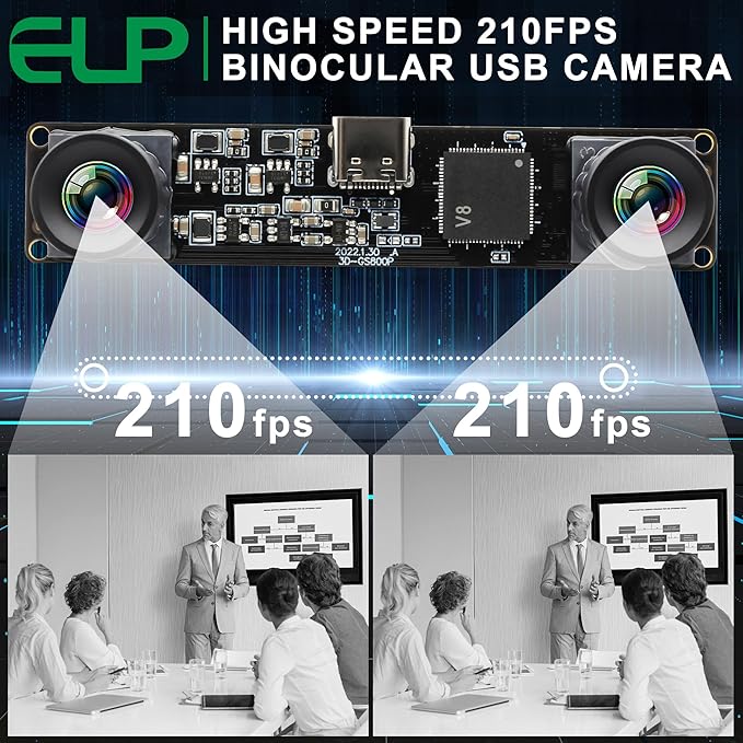 ELP 210fps Monochrome Global Shutter USB Camera Module - Dual Lens Synchronization B/W Web for PC 800P 120fps Lightburn USB2.0 OmniVision OV9281 Binocular (83 No Distortion Lens)