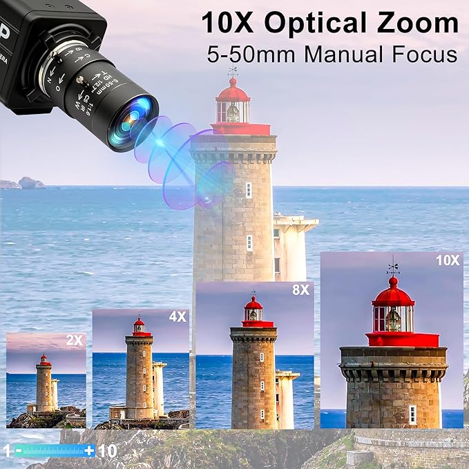 MMlove 8MP USB Camera High Speed 30fps 5-50mm 10X Optical Zoom Lens 2448P USB Webcam Manual Close up Zoom in and Out Golf Swing Camera for Industrial Machine Vision Support PC Raspberry Pi
