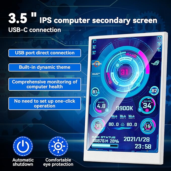 3.5 Inch IPS USB Mini Screen No Installation AIDA64 Pc Case Screen Computer Temp Monitor PC Temperature Display with Stand USB Cable Manual (1PcsWhite)