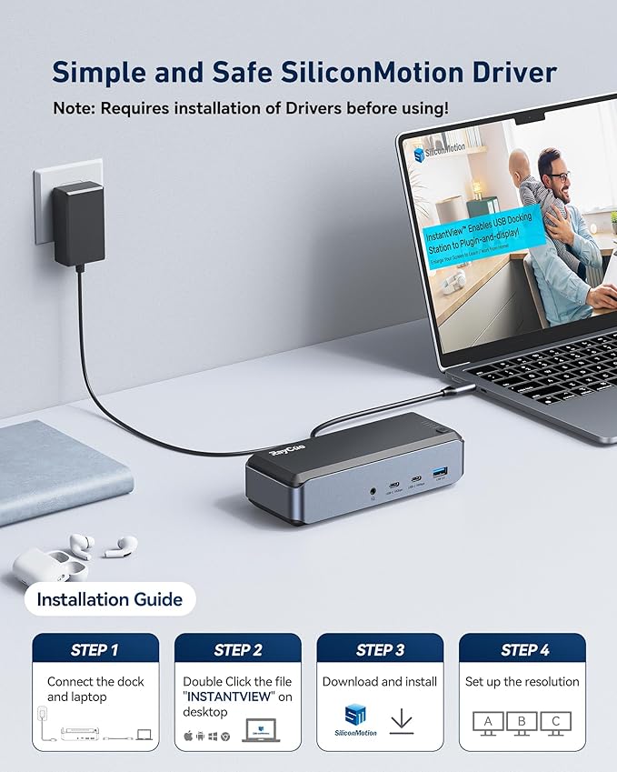 Raycue Triple Monitor USB C Docking Station - MacBook Pro Docking Station with Power Adapter for MacBook M1/M2/M3/Windows HDMI*3 RJ45 10Gbps USB*5 PD USB 3.0*2
