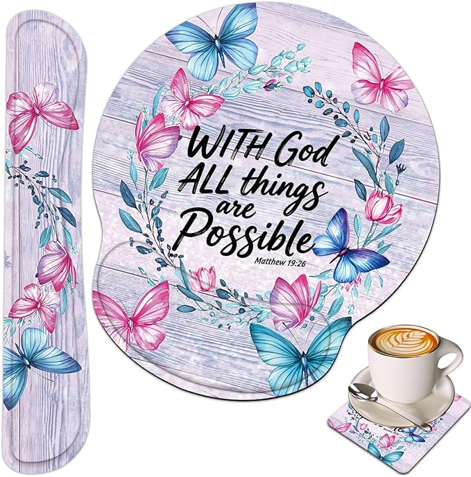 Keyboard Wrist Rest and Mouse Wrist Rest Pad with Cup CoasterMade of Memory FoamErgonomic SupportEasy-Typing and Pain Relieffor Gaming Office Home Computerwith God All Things are Possible Floral