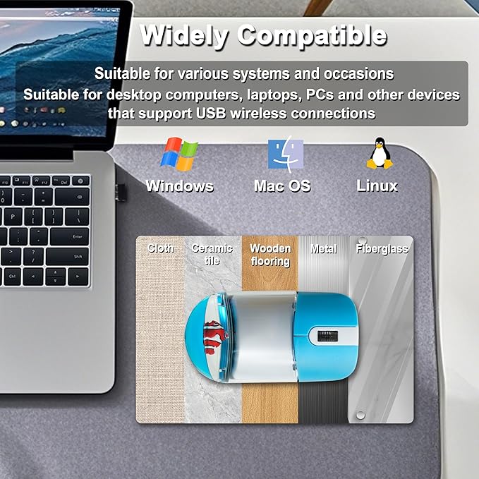 Wireless Mouse with Liquid Water Section &amp Floater Animal Portable Retro Silent Cute Aqua Mouse with USB Receiver Lightweight 1000DPI Optical Clear Water Mice for Laptop PC Computer (Blue Clownfi