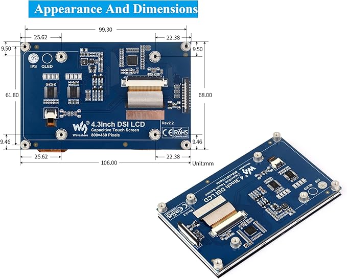 4.3inch DSI LCD Compatible with Raspberry Pi 5/4B/3B+/3B//3A+/2B/B+/A+/CM5/4/3+/3 800x480 Resolution 5-Points Capacitive Touch Screen IPS Display Monitor MIPI DSI Interface