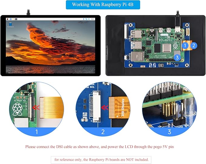 7inch DSI LCD Compatible with Raspberry Pi 5/4B/CM4/3B+/3A+/3B/Compute Module 5/CM5/CM4/CM3+/CM3 1280 x 800 Capacitive Touch Screen IPS Display Optical Bonding Toughened Glass Panel 10-Point Touch