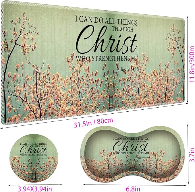 Large Gaming Mouse Pad + Mouse Wrist Rest Pad + Coaster Combination 31.5 x 11.8 Durable Non-Slip Extension Table Mat Suitable for Office and Home Philippians 4-13 Floral