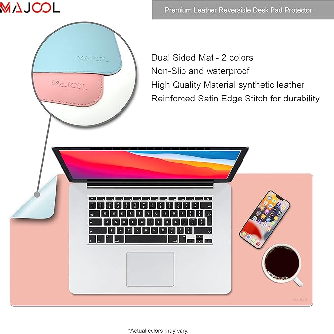 MAJOOL Leather Double-Sided Desk Pad Protector Mouse Pad Office Desk Mat Large Mouse Pad Waterproof Desk Writing Pad for Laptop Computer Desk (23.6x13.7) (Navy Blue | Orange)