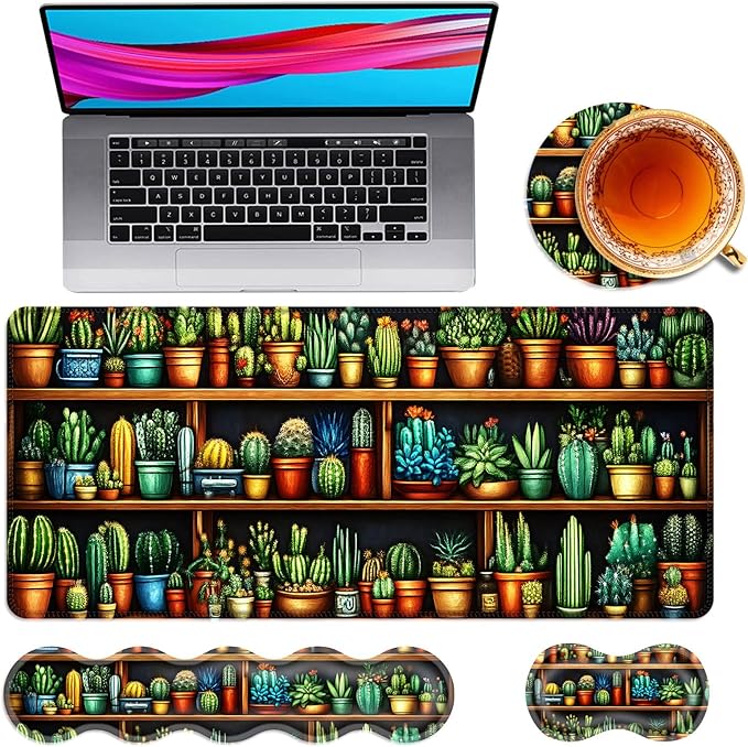 Large Mouse Pad and Keyboard Wrist Rest Desk Pad for Keyboard and Mouse 4-in-1 Large Gaming Mouse Pad with Wrist Support Desk Mat for Home Office Study GameCactus and Succulents