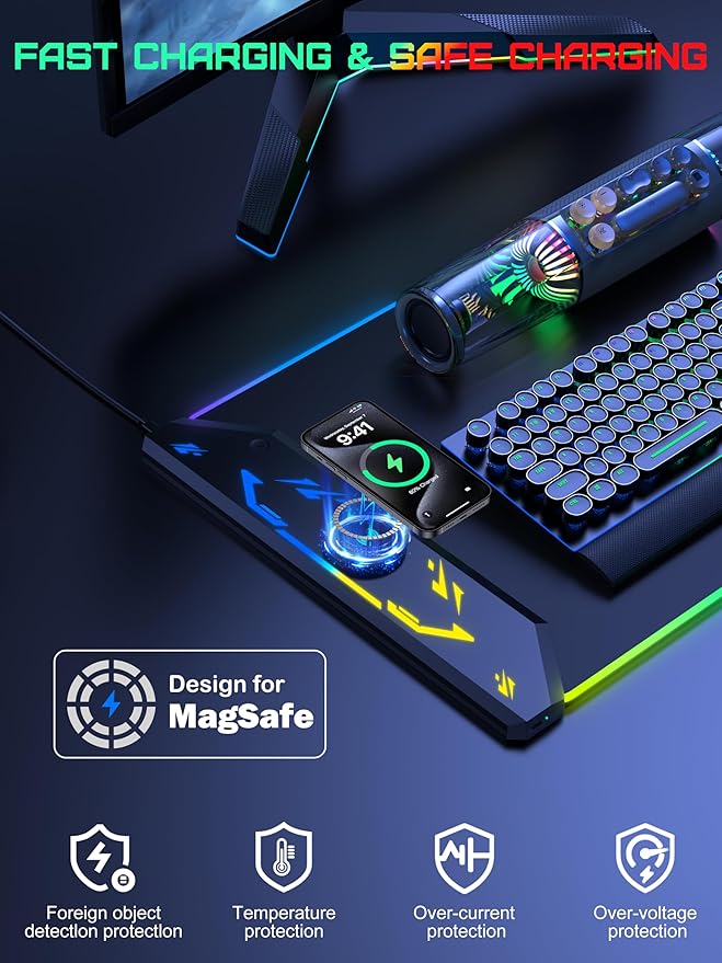 TopMade Wireless Charging Mouse Pad RGB Gaming Mousepad 35.4 x 15.8 Extra Large Waterproof Keyboard Desk Pad Cool Computer Desk Mat Black (Includes 20W PD Power Adapter &amp 6.56ft Woven Cable)
