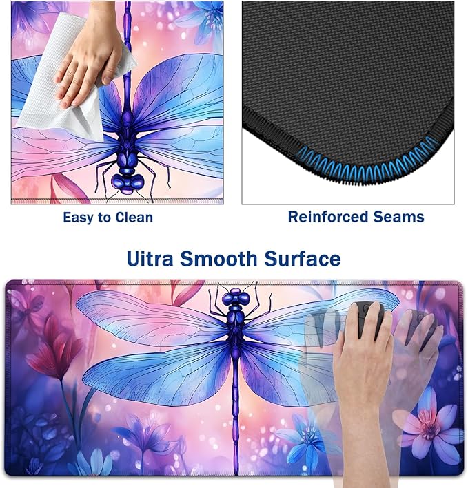 Large Mouse Pad + Keyboard Wrist Rest Set Extended Gaming Mousepad (31.5X11.8 inch) with Non-Slip Rubber Ergonomics Memory Foam Mouse Wrist Rest Support Watercolor Dragonfly XXL Desk Pad