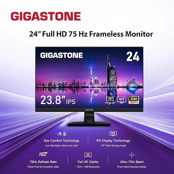 Gigastone 24 inch IPS LED Back Light Monitor 2-Pack 75Hz FHD 1920 x 1080 178° Wide View Frameless Dual Monitor 5ms Built-in Speakers Eye Care Technology Ergonomic Tilt VESA Mount HDMI VGA