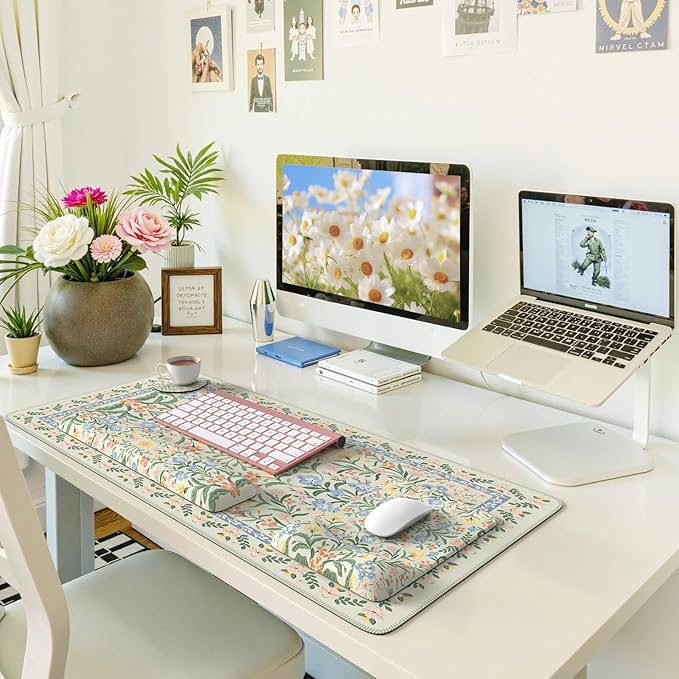 iLeadon Green Floral Desk Cover Mat Computer Mouse Pad and Keyboard Wrist Rest Non-Slip Base Keyboard Wrist Rest and Mouse Pad Set Office Desk Mat Cute for Women (Light Green)