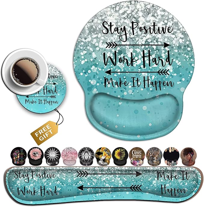 Mouse Pad with Wrist Support Ergonomic Gel Memory Foam Keyboard Wrist Rest for Office Typing Games Desktop Decoration Stay Positive Work Hard and Blue Glitter Graphic Office Accessories
