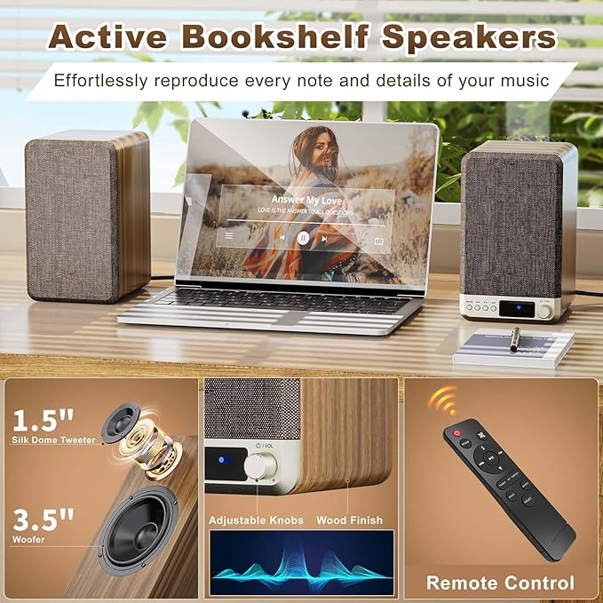 Powered Bookshelf Speakers 60W Record Player Speakers with 3.5 Inch Woofer Active Turntable Speakers Wired AUX/RCA/BT Input Retro Computer Speakers for Vinyl Player HiFi Stereo Speakers