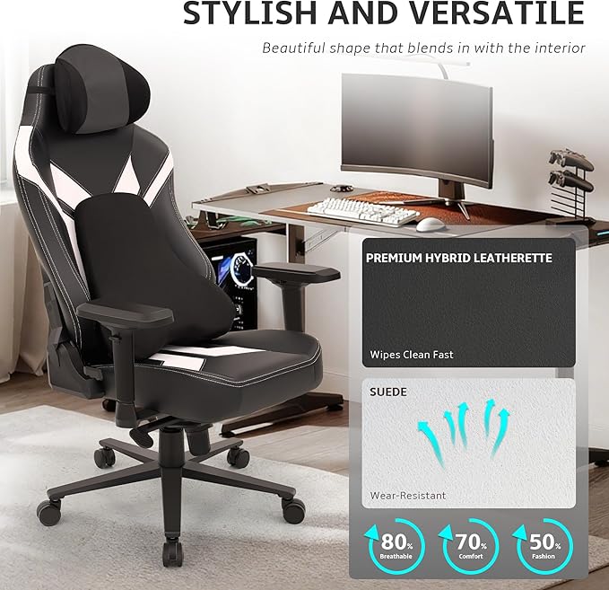 Ergonomic Gaming Chair Wyrdforging Computer Desk Chairs 4D Armrests High Back Office Chair With Headrest &amp Lumbar Pillow Tilt Rocker Recliner Heavy-Duty Base Black PU Leather &amp White Sue