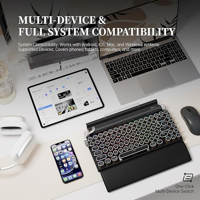 7KEYS Typewriter Keyboard Wireless Retro Style Vintage Classical Mechanical Keyboard with Bluetooth for IPAD PC/Laptop Mac/Phone (Black+Wrist)