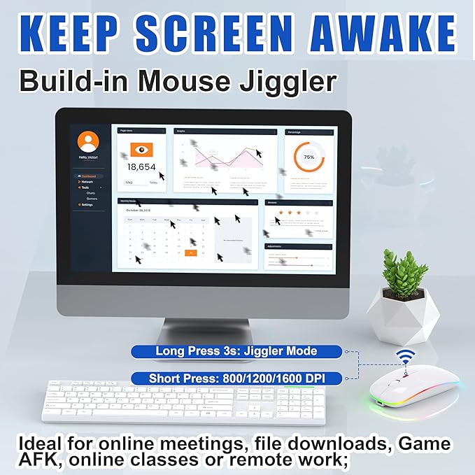 LED Wireless Mouse for Macbook Air/Laptop/iPad - Built-in Mouse Jiggler &amp 4-Mode (Bluetooth 5.2/3.0 &amp 2.4GHz USB-A/C) Rechargeable Silent Mouse Multi-Device Compatible with macOS/iOS/Windows/A