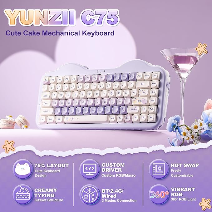 YUNZII C75 Wireless Mechanical Keyboard75% Layout Hot-Swappable NKROBT5.0/2.4G/USB-C ModeDye-Sub PBT MOA KeycapsRGB Gasket MountCute Cake Design for Mac/Win/Gaming (Purple Candy Switch)