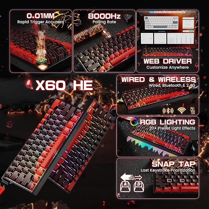 MAMBASNAKE X60 HE Magnetic Switch Keyboard Adjustable ActuationBT/2.4G/Wired Tri-Mode 60% Percent Mechanical Gaming Keyboard8KHz Polling Rate Rapid TriggerWeb Driver for Win/Mac-Black &amp Red