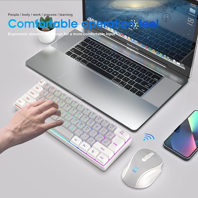 Snpurdiri 2.4G Wireless Gaming Keyboard and Mouse Combo Include Mini 60% Mechanical Feel RGB Backlit Keyboard Ergonomic Vertical Feel Small Wireless Mouse(White and Grey)