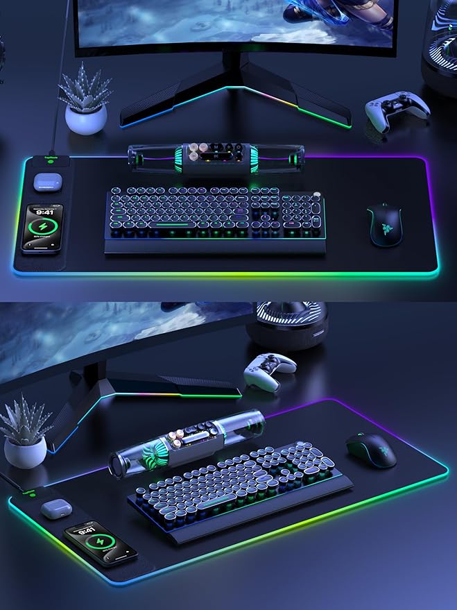 TopMade RGB Gaming Mouse Pad with 15W Wireless Charging 31.5” x 15.8” XXL Large Desk Mat Home Office Keyboard Pad for Desk Waterproof Mousepad with 4 Light Modes &amp 11 RGB Colors Classic Black
