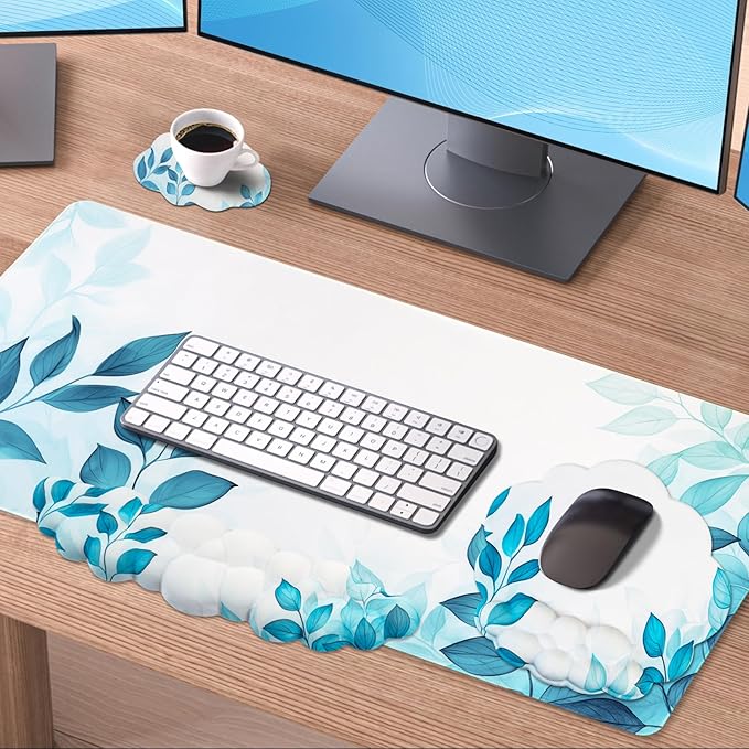 Conmputer Desk Mat Set 4 in 1 Cloud-Shaped Ergonomic Wrist Rest Set Mouse Pad with Non-Slip Base Memory Foam Silicone Lining Keyboard Wrist Rest Computers Offices Gaming Blue Stained Leaves