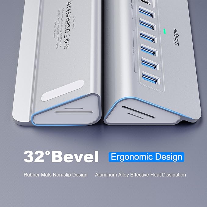Powered USB Hub 10Gbps intpw YH6AC Plus 11 Port USB 3.2 Hub(USB A/USB C 3.2+4 USB-A 3.0+2 PD 45W Fast Charging Ports+SD/TF Card Reader) 65W Power AdapterAluminum USB HUB for PCLaptopiPhone 17/16
