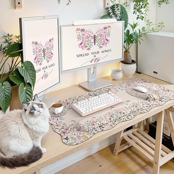 iCasso Desk Mat SetLarge Mouse Pad with Wrist RestErgonomic Keyboard Wrist Support for WomenGirly Floral Computer Mat with Scalloped EdgesNon-Slip Desk Pad Home Office Gaming (Beige)