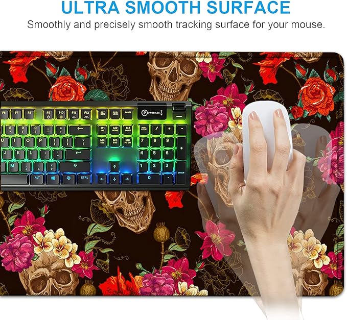Black Mouse PadKeyboard Mouse Pad SetExtended Gaming Mouse Pad + Memory Foam Keyboard Wrist Rest Support Rose Flower Skull Office Desk Mat Writing Pad Easy Typing XXL Large Mousepad Desk Mat