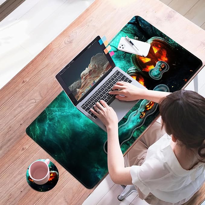 Mouse PadLarge Desk Mat Set 4in1 XL Mousepad + Keyboard Wrist Rest+Mouse Wrist Rest+Coaster with Ergonomic Desk Pad for Home Office Table Computer Cover -Halloween Pumpkins and Bat