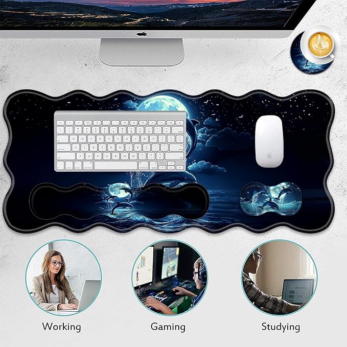 4 in 1 Desk Mat SetMouse Pad with Keyboard Wrist RestWave-Shaped DesignNon-Slip Rubber BaseWaterprooffor HomeOfficeGamingCute Dolphin