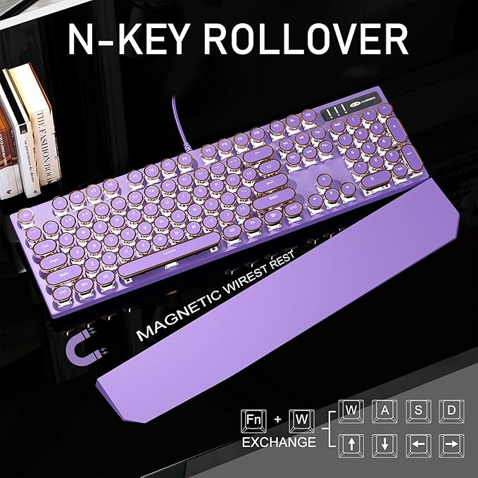 MageGee Typewriter Mechanical Gaming Keyboard Retro Punk Purple Round Keycaps 104 Keys LED White Backlit Wired Keyboards for Laptop MAC PC Gamer with Magnetic Wrist Rest Blue Switch