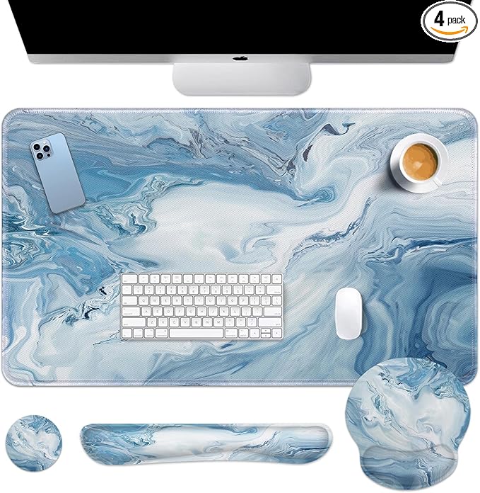 Arttown Blue White Gradient Desk Mat Abstract Ocean Marble Mouse Pad Set 4 in 1 Ergonomic Design Large Mousepad + Keyboard Wrist Rest + Mouse Wrist Rest + Coaster Suitable for Home Office Study Game