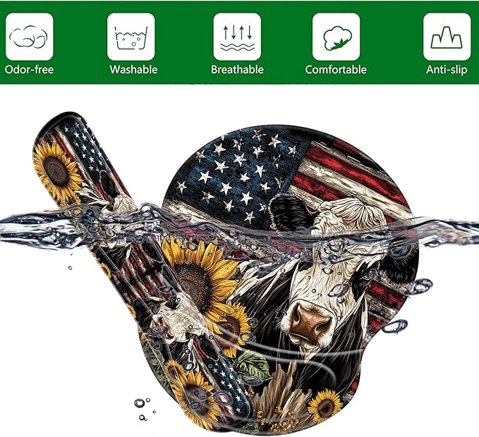 Bxgolkgd Ergonomic Gel Mouse Wrist Rest Pad and Keyboard Pad SetAnti-Slip PU Bottom Easy Typing and Relieve Wrist Pain with Cute Coaster Set (3-American Flag Cow with Sunflowers)