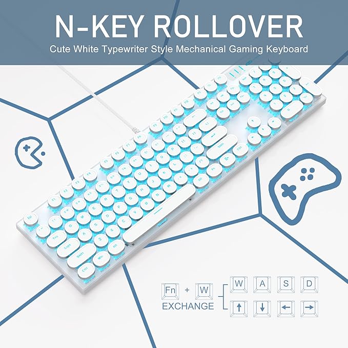 Camiysn Typewriter Style Mechanical Gaming Keyboard White Retro Punk Gaming Keyboard with Blue Backlit 104 Keys Blue Switch Wired Cute Keyboards Round Keycaps for Windows/Mac/PC
