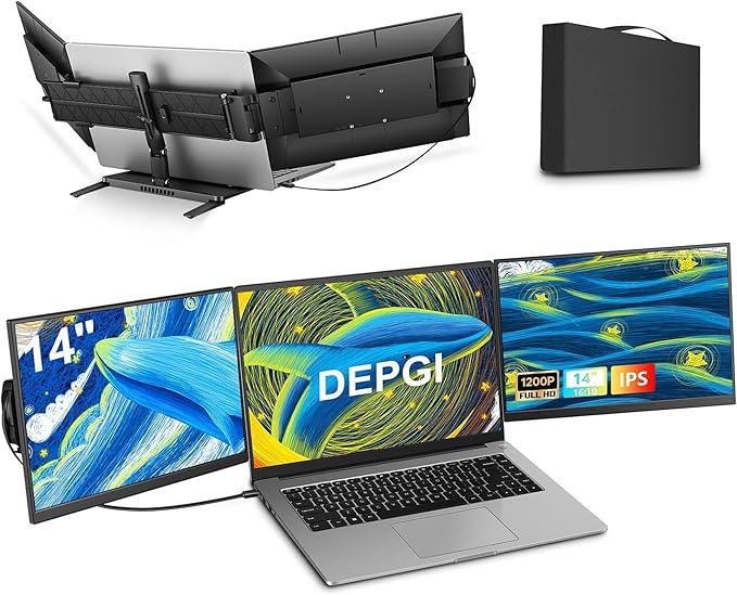 DEPGI 14 Laptop Screen Extender 1200P FHD One Cable Connect Portable Triple Monitor Dual Screen Monitor Fits 13-17.3 Laptop with Stand for MacOS/Windows