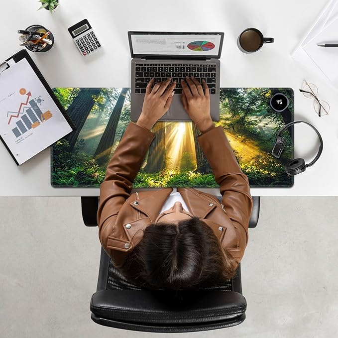 Heated Mouse Pad Hand Warmer Warm Desk Pad Mousepad Desk Mat with 3 Levels Heating and Auto Shut Down 31.5 x 13 inch PU Leather Warmer Keyboard Mat for Gaming Office Home Forest Tree Sunshine