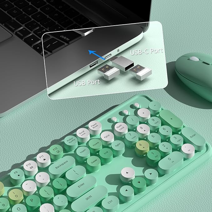 Colorful Wireless Keyboard and Mouse Combo COVEVA 2.4GHz Wireless Retro Cute Round Keycaps Keyboard 104 Keys Full-Sized Keyboard Mouse Set with Switch Button for PC Laptop Desktop (Green Colorful)