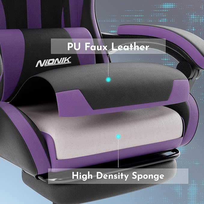 Gaming Chair Ergonomic Computer Chair with Footrest and Lumbar Support Height Adjustable Game Chair with 360°-Swivel Seat and Headrest and for Office or Gaming BLACKPURPLE