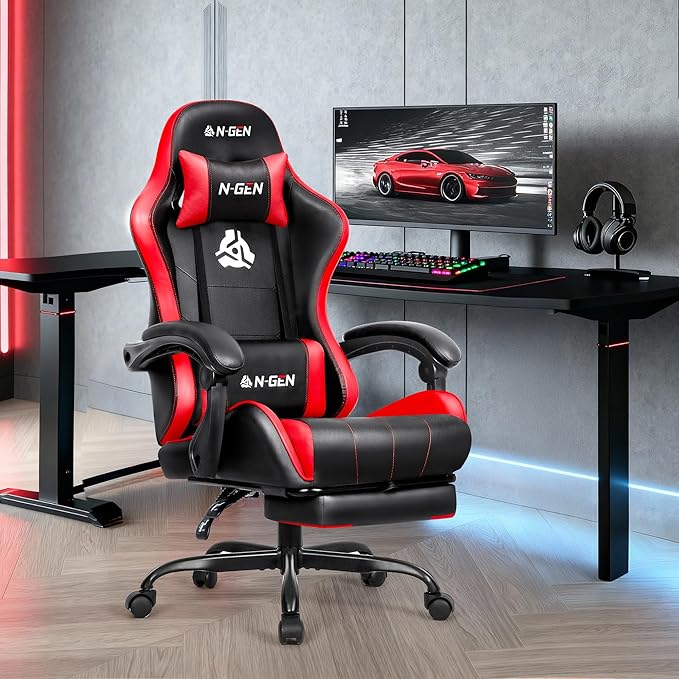 N-GEN GAMING Video Gaming Chair with Footrest Lumbar Support for Home Office High Back Recliner Height Adjustable Ergonomic Comfy Leather Computer Desk Chair (Red)