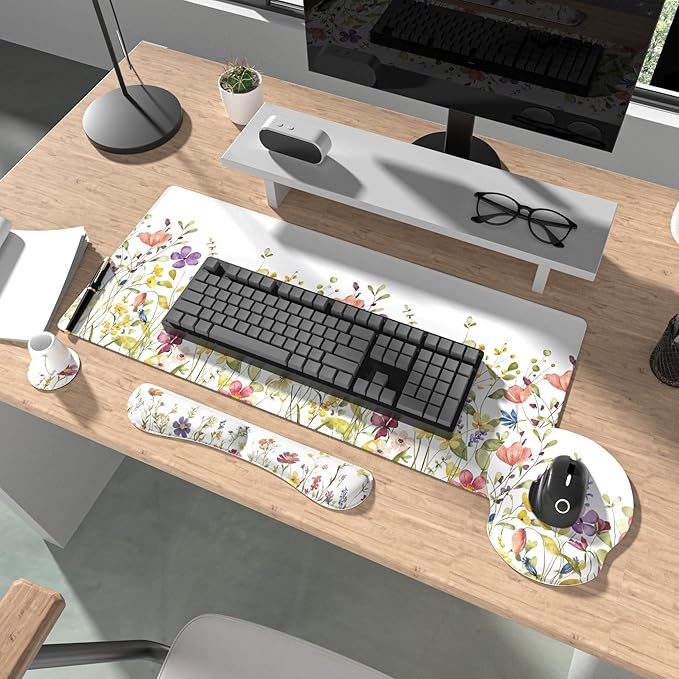 Ovenbird Mouse Pad Set 4-in-1 | Large Gaming Mousepad Keyboard Wrist Rest Mouse Wrist Support Coaster | Ergonomic Office Desk Mat Accessories for Women Men | 4PCS 35.4 x 15.7in White Floral