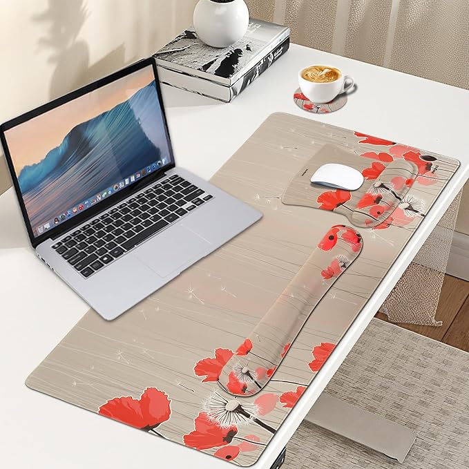 MEGREZ 4-in-1 Ergonomic Memory Foam Wrist Rest Set Desk Pad Mouse Pad with Wrist Rest Keyboard Pad Suitable for Office Workers Programmers &amp Gamers–Relieve Typing &amp Gaming Fatigue Light